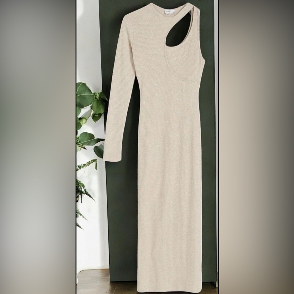 Bershka Asymmetric Ribbed Midi Dress Side Slit Cream Size Large Body-con B177